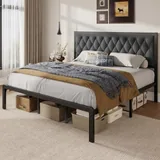 King Upholstered Bed Frame with Storage, Grey, view 3