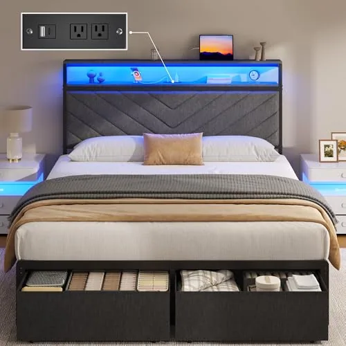 Full Upholstered Bed Frame with 2 Drawers, Grey