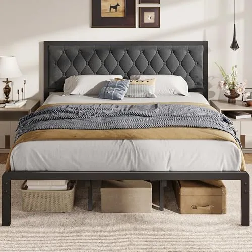King Upholstered Bed Frame with Storage, Grey