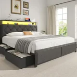 Queen Upholstered Bed Frame with 4 Drawers, Grey, view 1