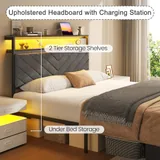 Full Upholstered Bed Frame with 2 Drawers, Grey, view 4