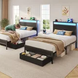 Twin Upholstered Bed Frame with Storage, Black, view 8