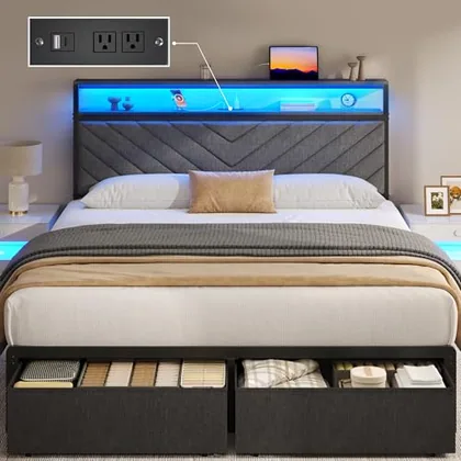 Queen Upholstered Bed Frame with 2 Drawers, Grey