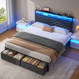 Queen Upholstered Bed Frame with 2 Drawers, Black, view 5