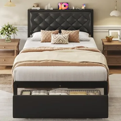 Twin Upholstered Bed Frame with Storage, Black