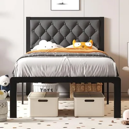Twin Upholstered Bed Frame with Storage, Grey