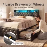 Queen Upholstered Bed Frame with 4 Drawers, Black, view 5