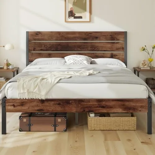 Queen Metal Bed Frame with Storage, Brown