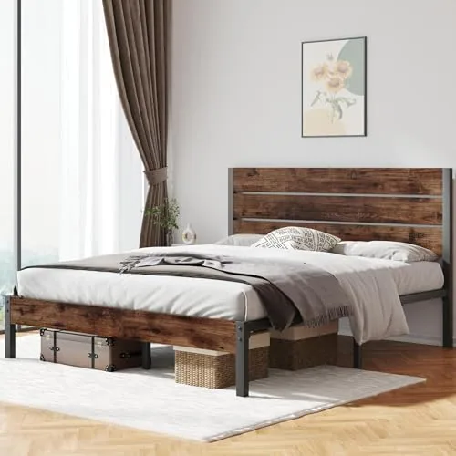 Queen Metal Bed Frame with Storage, Brown