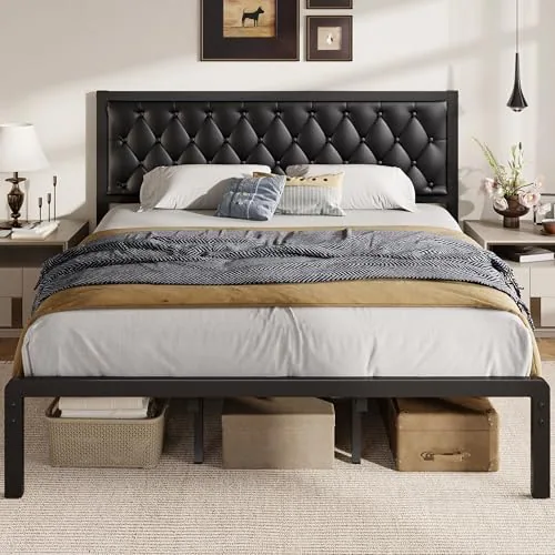 King Upholstered Bed Frame with Storage, Black