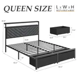 Queen Upholstered Bed Frame with 2 Drawers, Grey, view 2