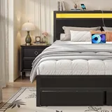 Queen Upholstered Bed Frame with 2 Drawers, Black, view 6