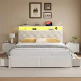 Queen Upholstered Bed Frame with Storage, Beige, view 3