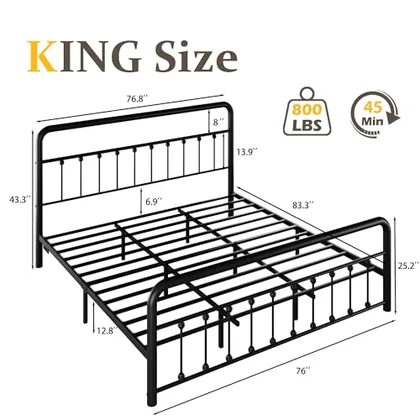 King 14 Inch Metal Bed Frame with Storage, Black