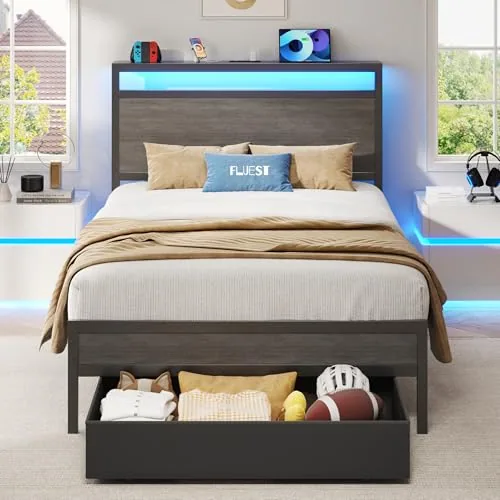 Twin Upholstered Bed Frame with Storage, Grey