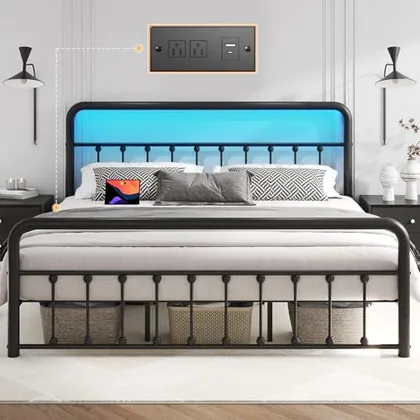 King 14 Inch Metal Bed Frame with Storage, Black