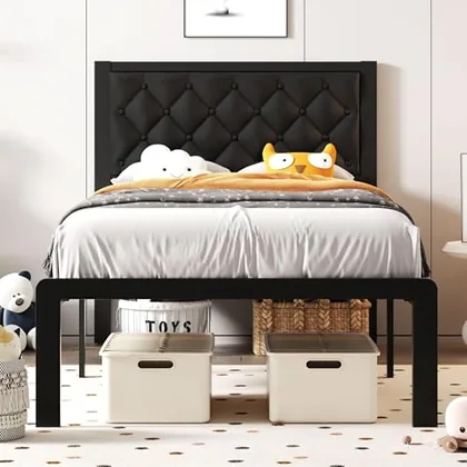 Twin Upholstered Bed Frame with Storage, Black