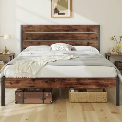 Queen Metal Bed Frame with Storage, Brown