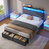 Full Upholstered Bed Frame with 2 Drawers, Grey, view 3