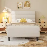 Twin Upholstered Bed Frame with LED, Beige, view 1
