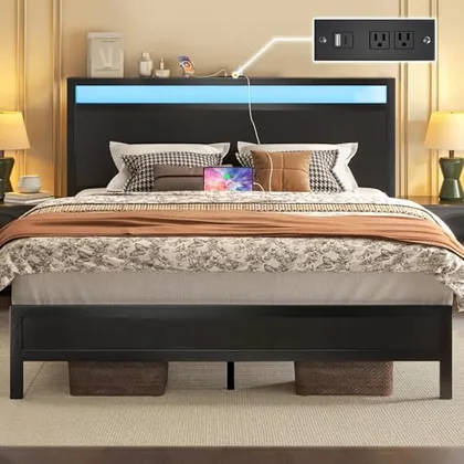 Queen Metal Bed Frame with Storage, Black