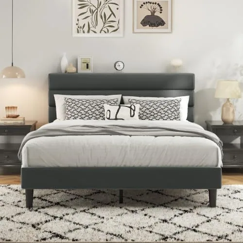 Full Upholstered Bed Frame with Headboard, Grey