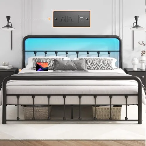 Queen 14 Inch Metal Bed Frame with Storage, Black