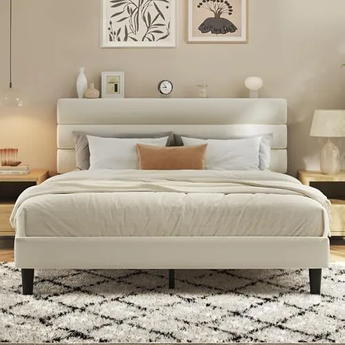 Queen Upholstered Bed Frame with LED, Beige