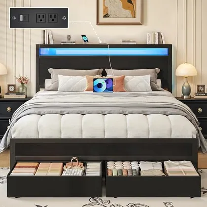 Queen Upholstered Bed Frame with 2 Drawers, Black