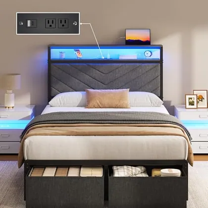 Twin Upholstered Bed Frame with Storage, Grey