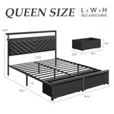 Queen Upholstered Bed Frame with 2 Drawers, Black, view 2