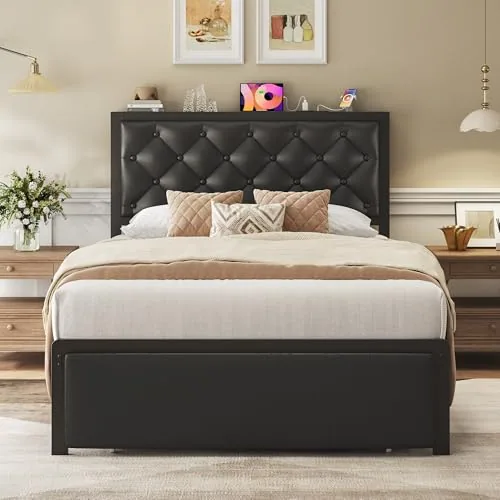 Twin Upholstered Bed Frame with Storage, Black