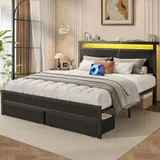Queen Upholstered Bed Frame with 2 Drawers, Black, view 7