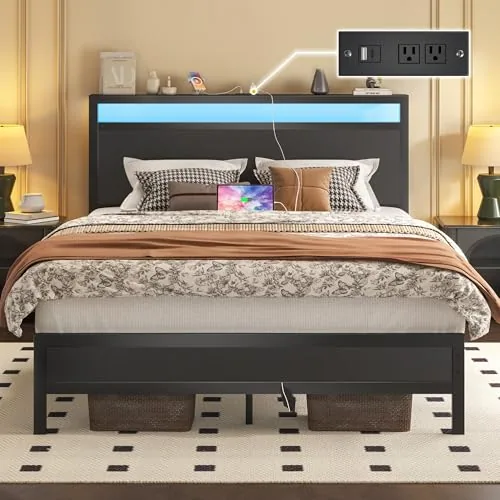Full Metal Bed Frame with Storage, Black