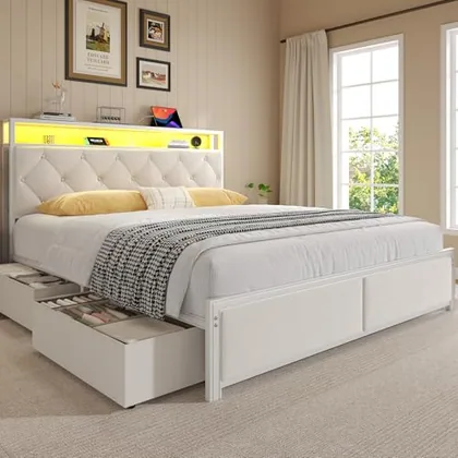 Queen Upholstered Bed Frame with Storage, Beige