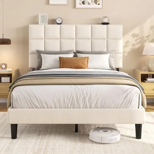 Full 5 Inch Upholstered Bed Frame with Storage, Beige