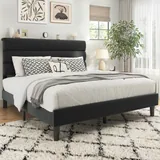 Queen Upholstered Bed Frame with LED, Black, view 7