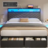 Queen Upholstered Bed Frame with 2 Drawers, Grey, view 1
