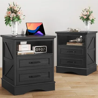 2 Piece Charging Nightstand, Black