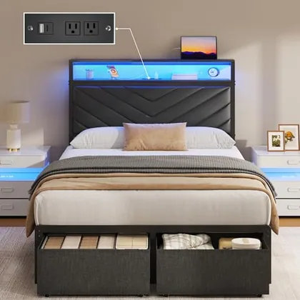 Twin Upholstered Bed Frame with Storage, Black