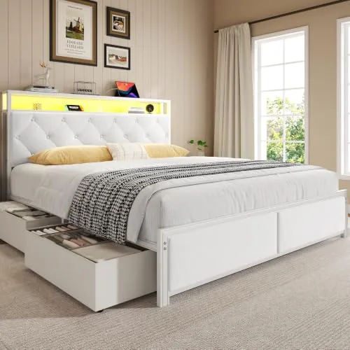 Queen Upholstered Bed Frame with Storage, White