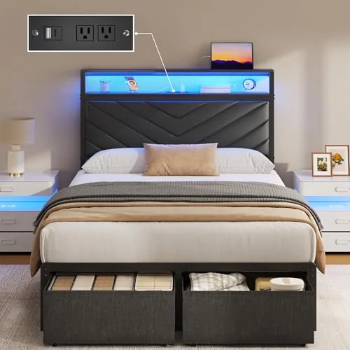 Twin Upholstered Bed Frame with Storage, Black