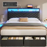Queen Upholstered Bed Frame with 2 Drawers, Black, view 1