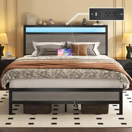 Full Metal Bed Frame with Storage, Grey