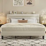 King Upholstered Bed Frame with Headboard, Beige, view 1