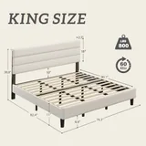 King Upholstered Bed Frame with Headboard, Beige, view 2