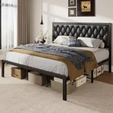 King Upholstered Bed Frame with Storage, Black, view 3