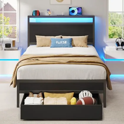 Twin Upholstered Bed Frame with Storage, Black