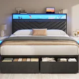 Queen Upholstered Bed Frame with 2 Drawers, Black, view 6