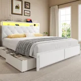Queen Upholstered Bed Frame with Storage, White, view 1